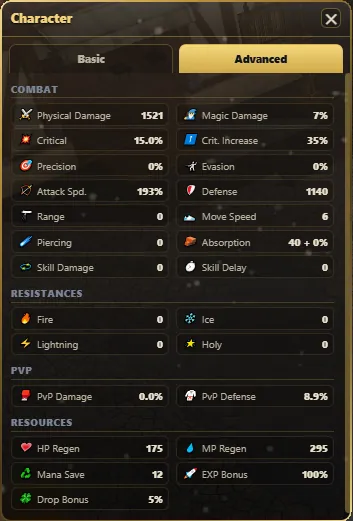 Ficha de personagem do remaster de WYD, aba Avançado com combate, resistências e status de PvP