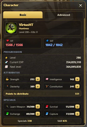 Ficha de personagem do remaster de WYD, aba Básico com HP/MP, progressão de EXP e atributos