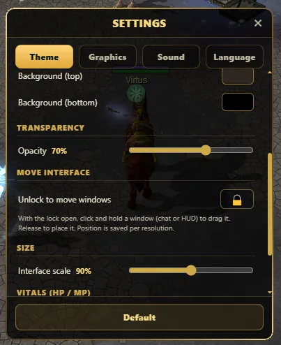 WYD remaster interface settings with HUD transparency, draggable windows and interface scale