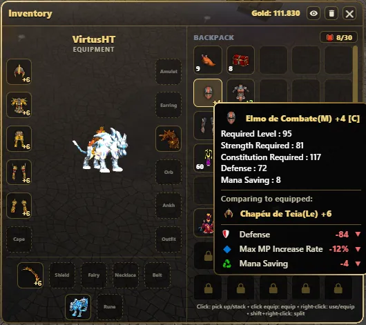 Inventário do remaster de WYD com personagem equipado em 3D e tooltip comparando atributos com o item equipado