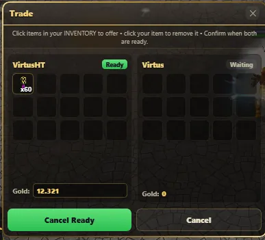 WYD remaster secure trade window between two players with Ready and Waiting status, items and gold